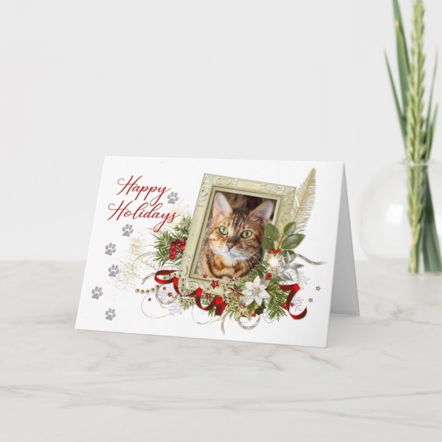 Happy Holidays Card mit Cat and Paw Print Design Karte (Vorderseite)