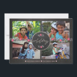 Happy Holidays Chalkboard Poinsettia Foto Collage Feiertagskarte<br><div class="desc">Dunkelgraue Holzkohleplatte,  rot-rosa und graue Blattwerk und Poinsettia Blume grenzen und "Happy Holidays" handsignieren schicke Kalligraphie in der Mitte,  was eine moderne rustikale,  inspirierte Weihnachtskollage-Karte für das Foto macht.            Persönlich mit vier landschaftsorientierten Fotos und Ihrer Unterschrift!</div>