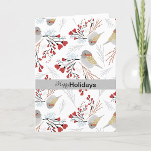 Happy Holidays Chickadee Floral Gray Red Hearts Feiertagskarte