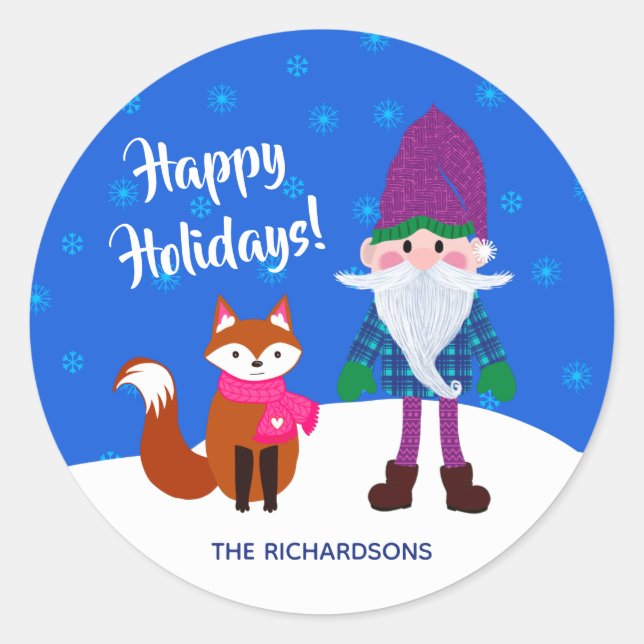 Happy Holidays Christmas Gnome Fox Snowflakes Blau Runder Aufkleber (Vorderseite)