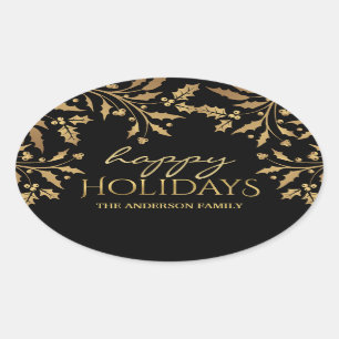 Happy Holidays Christmas Gold Holly Imitate Foil Ovaler Aufkleber