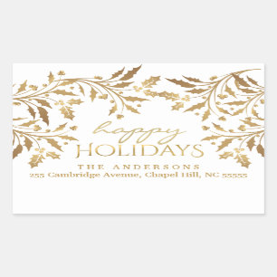 Happy Holidays Christmas Holly Garland Gold Rechteckiger Aufkleber