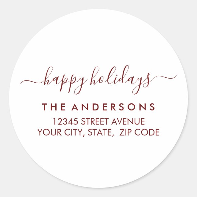 Happy Holidays Christmas Moderne Rote Rücksendeadr Runder Aufkleber (Vorderseite)