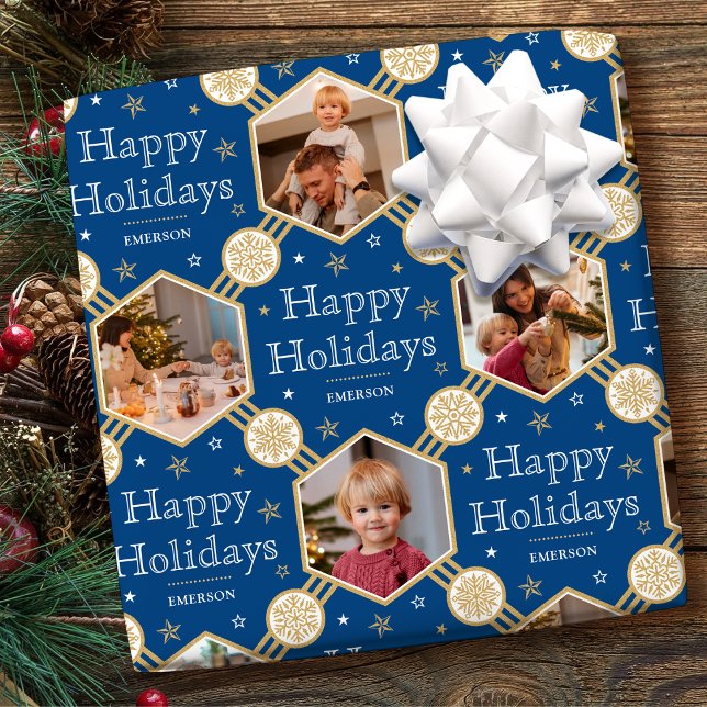 Happy Holidays Christmas Snowflake Foto Blau Geschenkpapier (Von Creator hochgeladen)