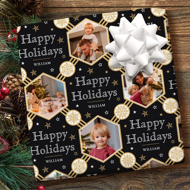 Happy Holidays Christmas Snowflake Photo Black Geschenkpapier (Von Creator hochgeladen)