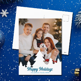 Happy Holidays Christmas Trees Family Foto Blue Feiertagspostkarte
