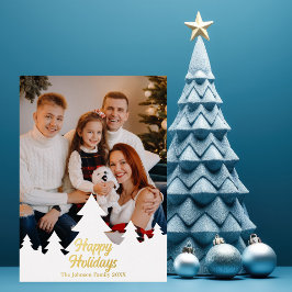 Happy Holidays Christmas Trees Family Foto Gold Folien Feiertagskarte