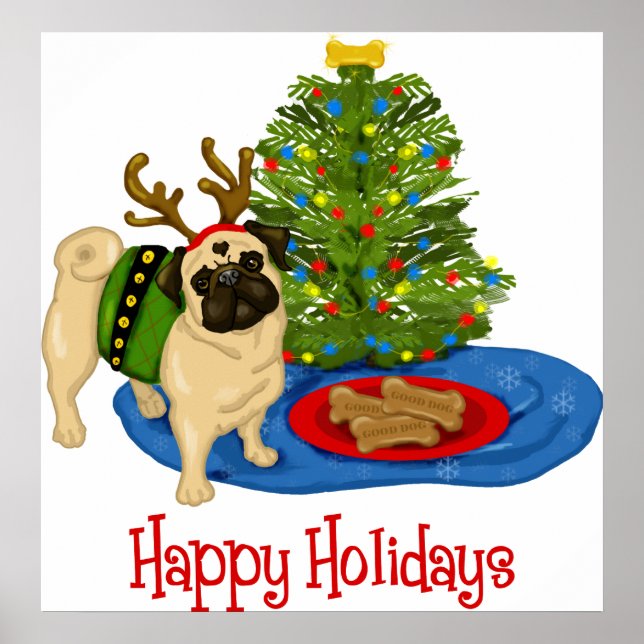 Happy Holidays Chritmas Rentier Mops Poster (Vorne)