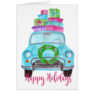 Happy Holidays Classic Car Watercolor