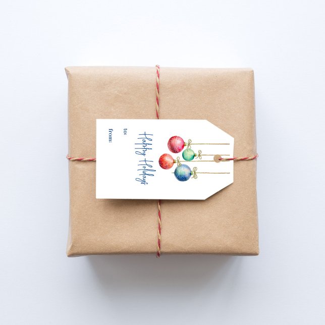 Happy Holidays Colorful Watercolor Ornaments Geschenkanhänger (Happy Holidays Watercolor ornaments custom gift tag. )
