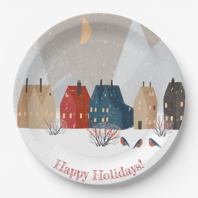 Happy Holidays Country Village Winter Szene Pappteller (Vorderseite)