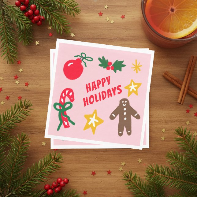 HAPPY HOLIDAYS Cute Hand-Drawn CUSTOM  Serviette (HAPPY HOLIDAYS Cute Hand-Drawn icons Christmas Party CUSTOM Napkins
)