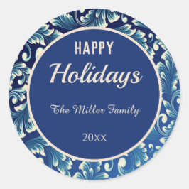 Happy Holidays Damask Blätter auf Blue Runder Aufkleber