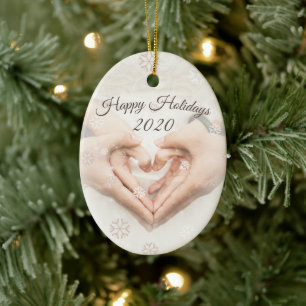 Happy Holidays & Date. Elegant photo heart hands Keramik Ornament