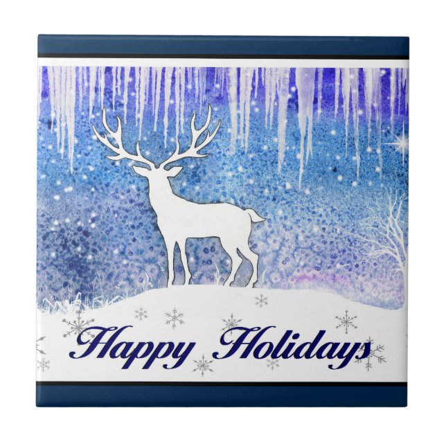 Happy Holidays Deer Scene Fliese (Vorderseite)