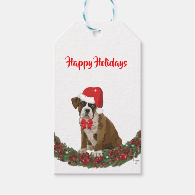 Happy Holidays Doggy Funny Whimsical Tree Red Geschenkanhänger (Vorderseite)