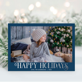 Happy Holidays dusty blue silber Moderne ein Foto Folien Feiertagskarte
