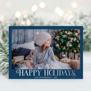 Happy Holidays dusty blue silber Moderne ein Foto Folien Feiertagskarte