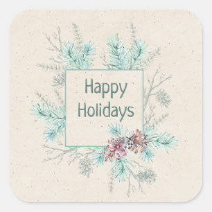Happy Holidays Editable Text Winter Foliage Quadratischer Aufkleber
