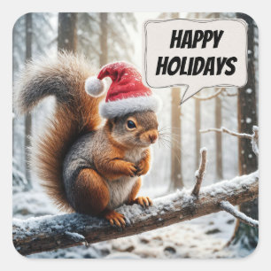 Happy Holidays Eichhörnchen auf dem Zweig des Schn Quadratischer Aufkleber