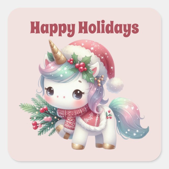 Happy Holidays Einicorn Weihnachten Quadratischer Aufkleber (Vorderseite)