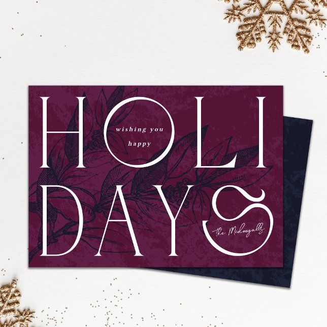 Happy Holidays Elegante Business Holiday Karte (Happy Holiday elegant burgundy holiday card shown on white background with gold snowflake ornaments )