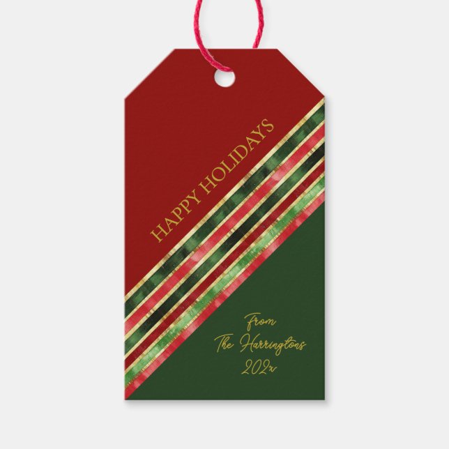 Happy Holidays Elegante Gold Rotes Grün Weihnachte Geschenkanhänger (Vorderseite)