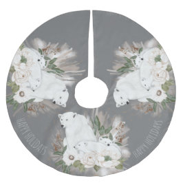 Happy Holidays Eleganter grauer und weißer Polar B Polyester Weihnachtsbaumdecke