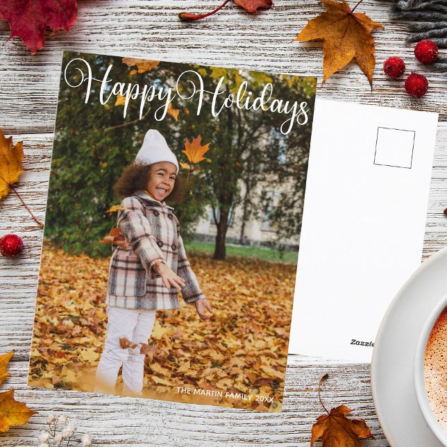 Happy Holidays Elegantes White Typografy Foto Postkarte (Von Creator hochgeladen)