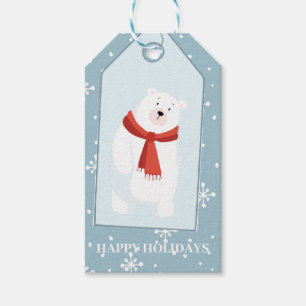 Happy Holidays fallender Schnee Eisbär dusty blau Geschenkanhänger