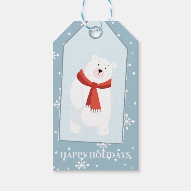 Happy Holidays fallender Schnee Eisbär dusty blau Geschenkanhänger (Vorderseite)