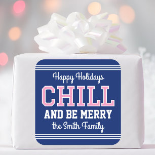 Happy Holidays Familienname Retro Fun Navy Rosa Quadratischer Aufkleber