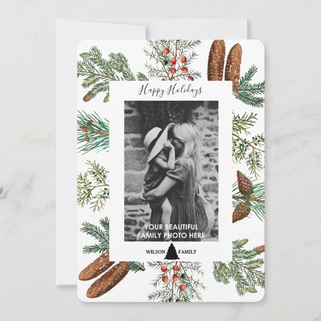Happy Holidays Family Foto Pine Christmas Card (Vorderseite)