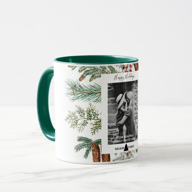 Happy Holidays Family Foto Pine Christmas Tasse (Vorderseite Links)