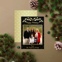 Happy Holidays Family Photo Name Black Gold