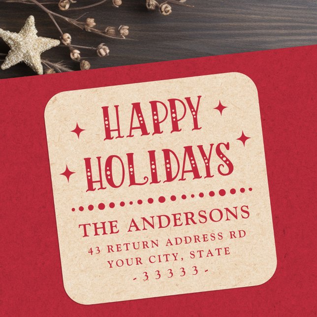 Happy Holidays festive dot divider Kraft sieht rot Quadratischer Aufkleber (Happy Holidays festive dot divider Kraft look red Square Sticker)