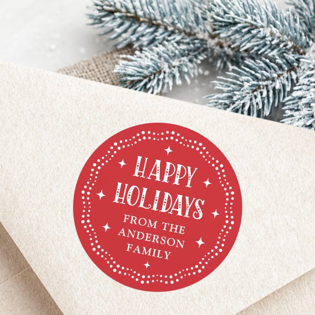 Happy Holidays festive font cute dot border red Runder Aufkleber (Happy Holidays festive font cute dot border red Classic Round Sticker)