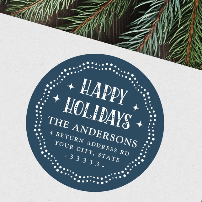 Happy Holidays festive font dot border dark blue Runder Aufkleber (Happy Holidays festive font dot border dark blue Classic Round Sticker)