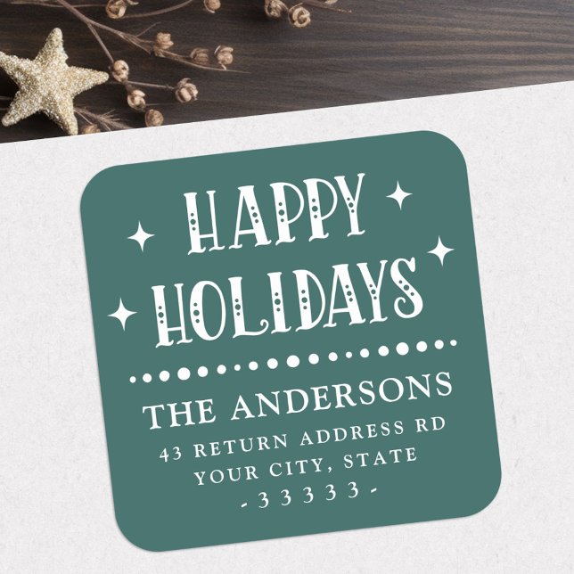 Happy Holidays festive font dot border pine green Quadratischer Aufkleber (Happy Holidays festive font dot border pine green Square Sticker)