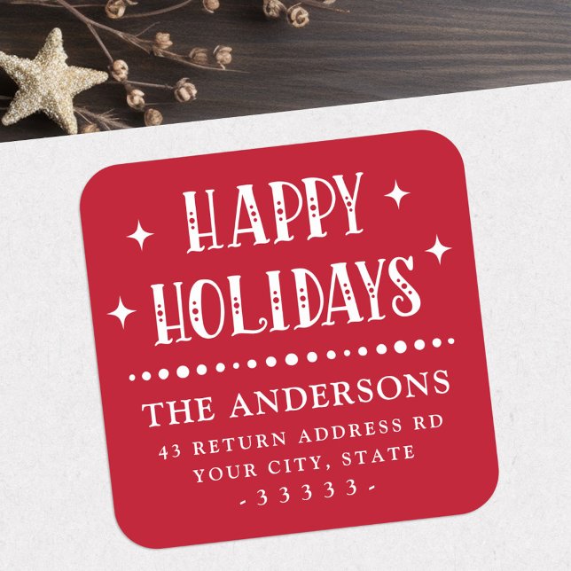 Happy Holidays festive font dot border red Quadratischer Aufkleber (Happy Holidays festive font dot border red Square Sticker)