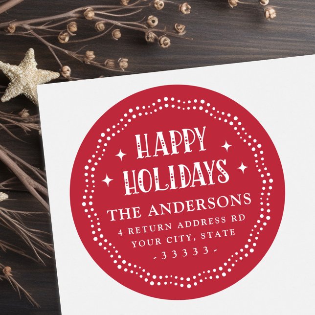 Happy Holidays festive font dot border red Runder Aufkleber (Happy Holidays festive font dot border red Classic Round Sticker)