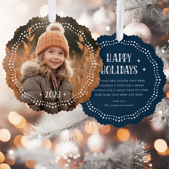 Happy Holidays festlicher Schriftart Punkt Rand du Ornament Karte (Happy Holidays festive font dot border dark blue Ornament Card)