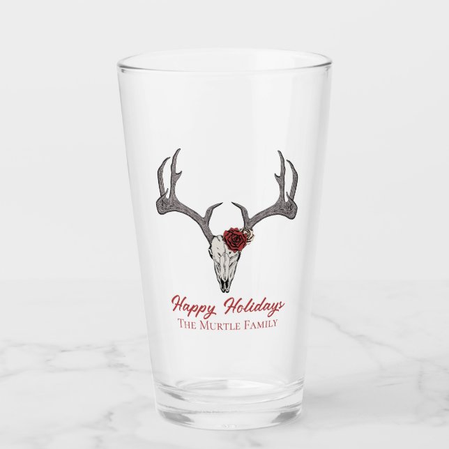 Happy Holidays Floral Rentier Skull Bull Skull Glas (Vorderseite)