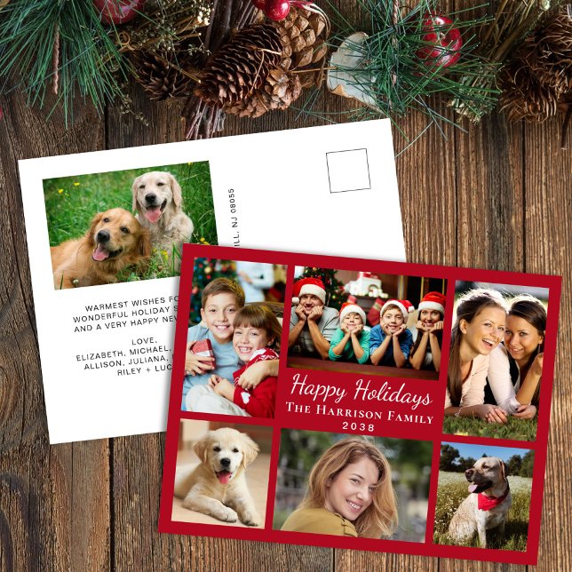 Happy Holidays Foto Collage Rotes Weihnachten (This holiday season, let your family's smiles & heartwarming memories shine on our 6 photo postcard)