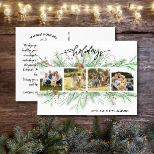 Happy Holidays Foto Collage Woodland Pine Boughs Postkarte