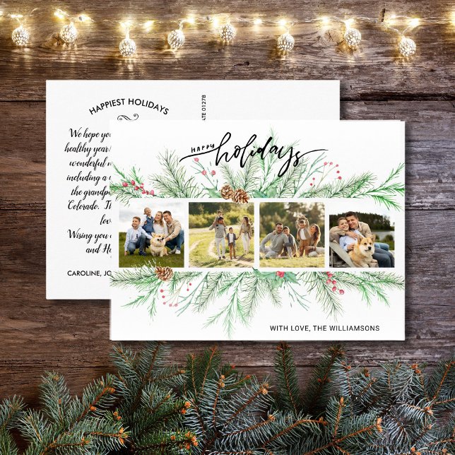 Happy Holidays Foto Collage Woodland Pine Boughs Postkarte (Von Creator hochgeladen)