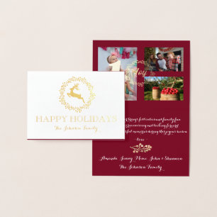 Happy Holidays Foto Family Collage Burgundy Gold Folienkarte