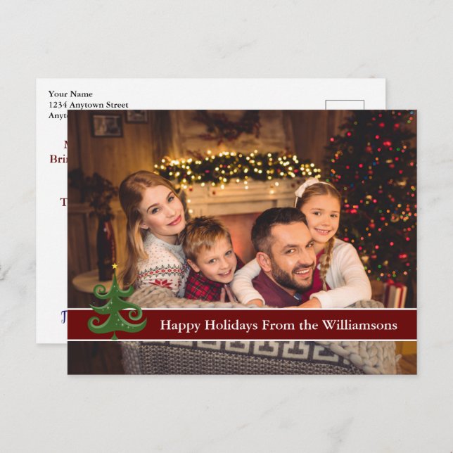 Happy Holidays Foto Moderner Grüner Weihnachtsbaum Postkarte (Vorne/Hinten)