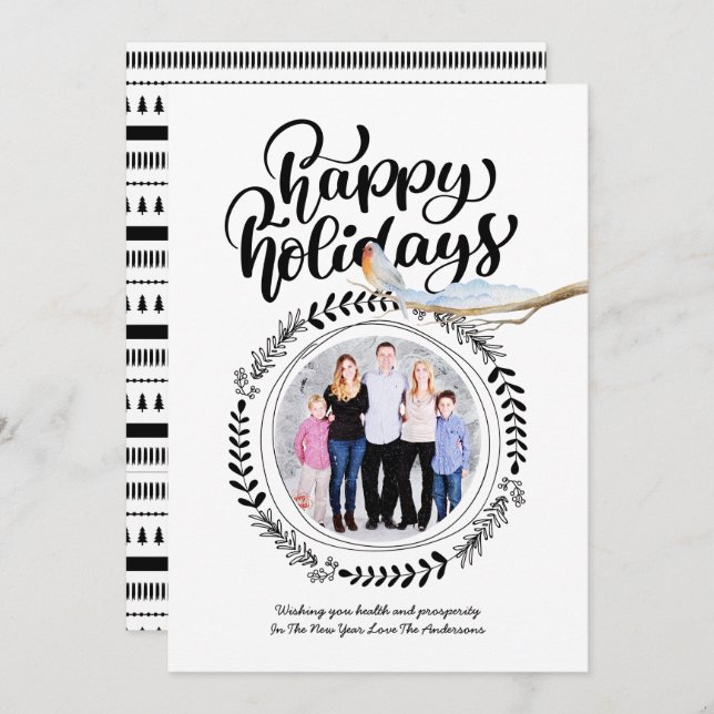 HAPPY HOLIDAYS FOTO Modernes Festival Robin Xmas Einladung (Vorne/Hinten)