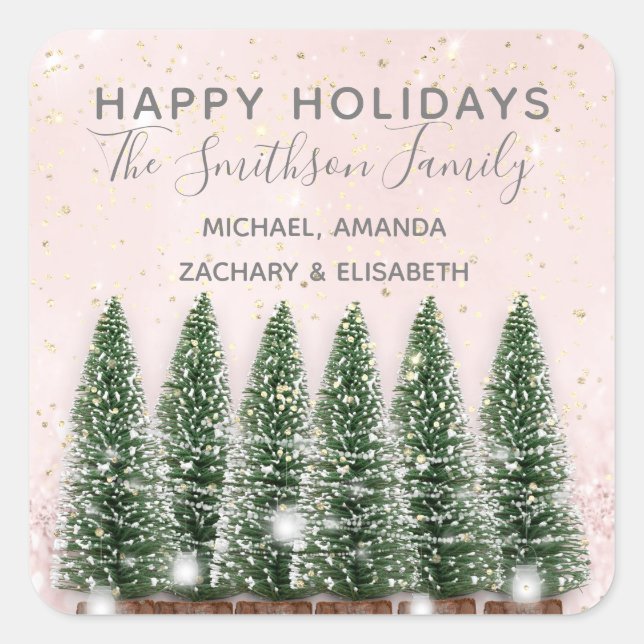 Happy Holidays Frohe Weihnachtsbaumen Gold Pink Quadratischer Aufkleber (Vorderseite)